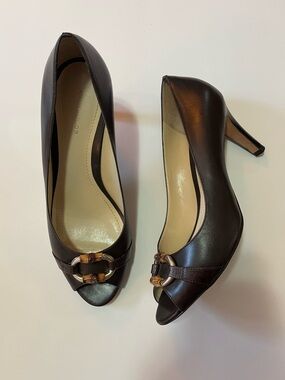 Ann Taylor Dark Brown Peep-Toe Heels with Gold Buckle Accent